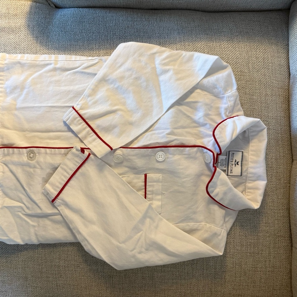 Unisex Petite Plume Kid's Twill Pajama Set in White with Red Piping